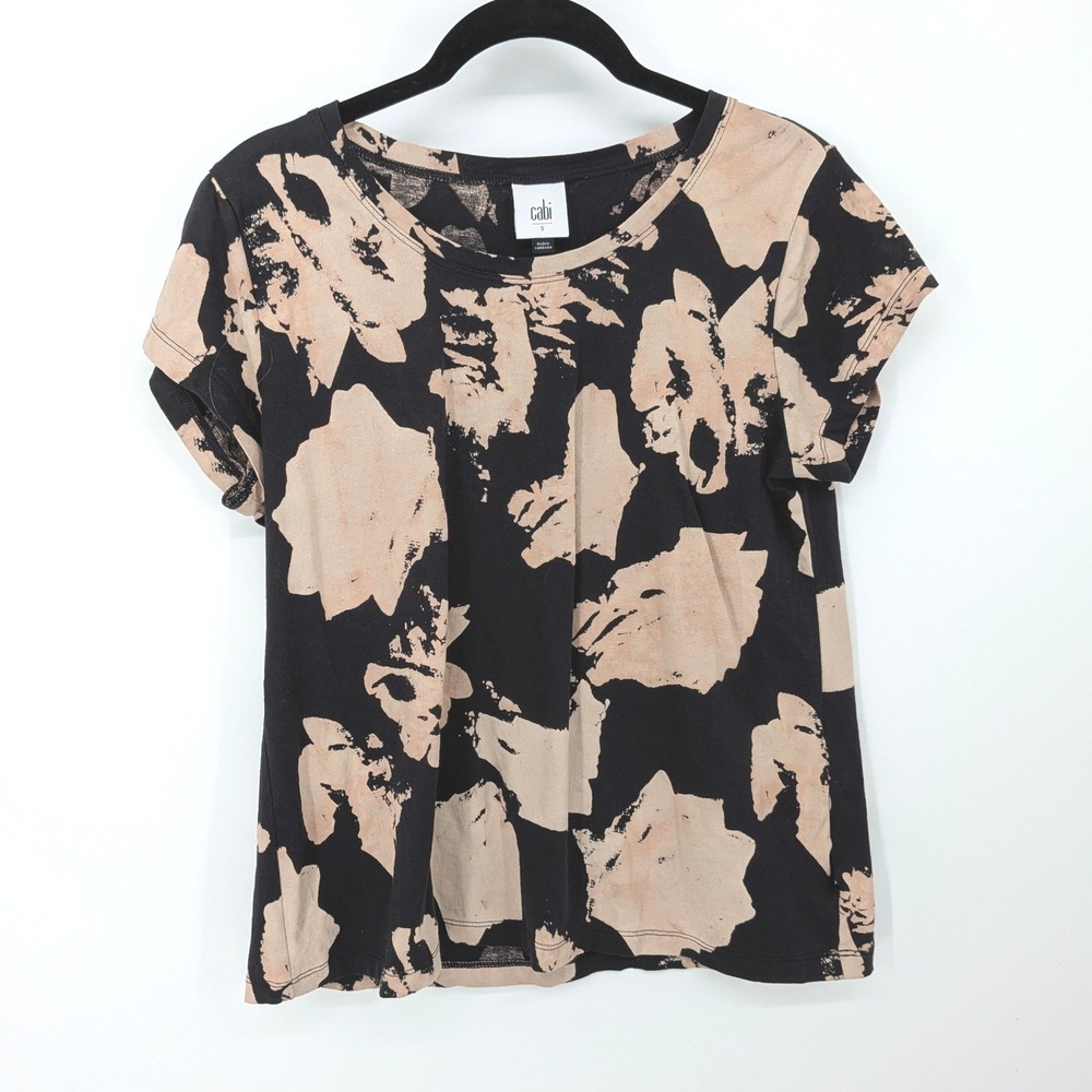 Cabi T-Shirt Women Small Black Tan Abstract Short Sleeve Casual Top Edgy Artsy